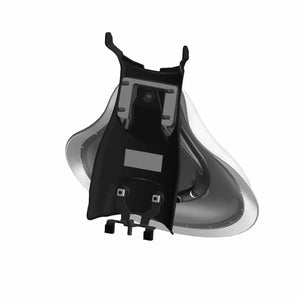 Black and gray contoured vinyl motorcycle seat with mounting hardware and cutouts.