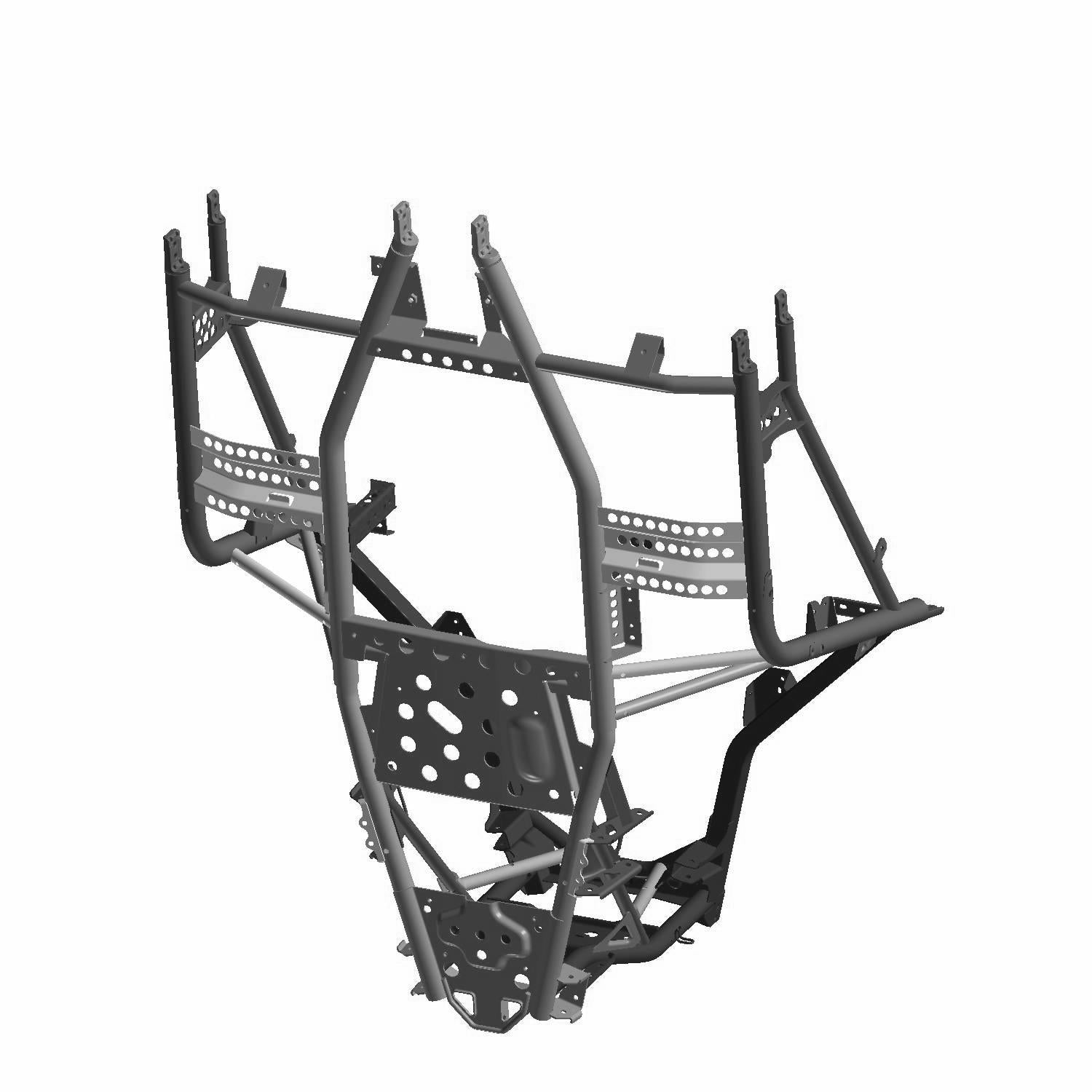 Matte black rear main frame weld for Polaris UTV with reinforced steel tubing and mounting brackets.