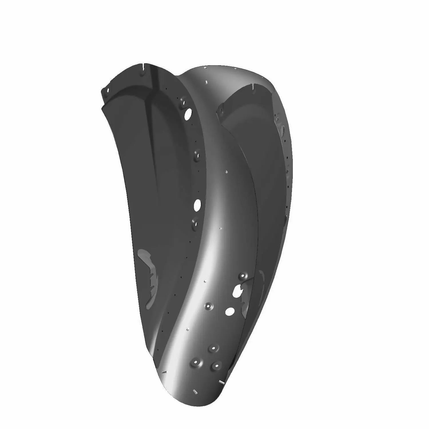 Glossy black rear motorcycle fenders with curved shape and pre-drilled mounting holes.