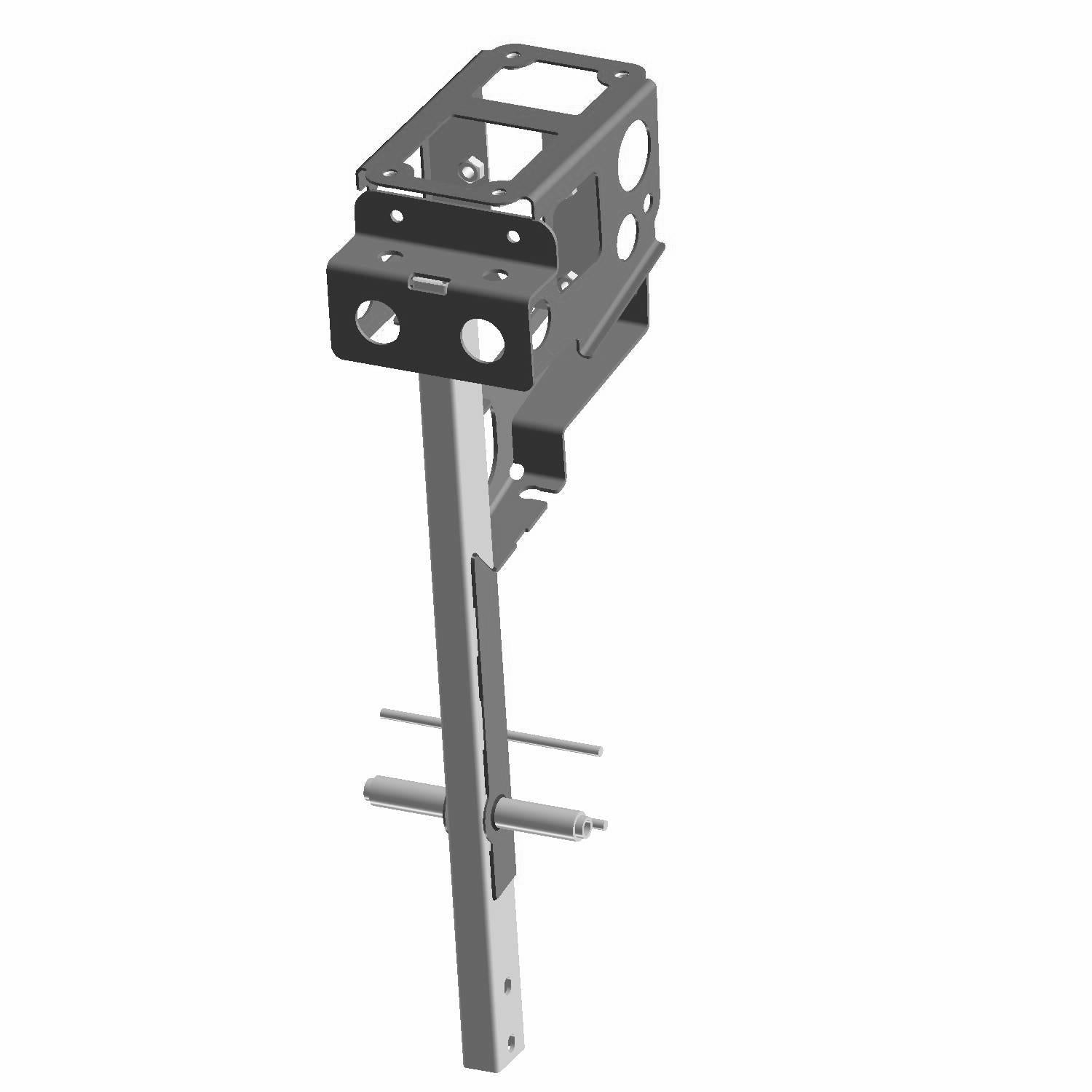 Black metal Mount Weld Shift/SCM E bracket with multiple holes and a vertical support arm.