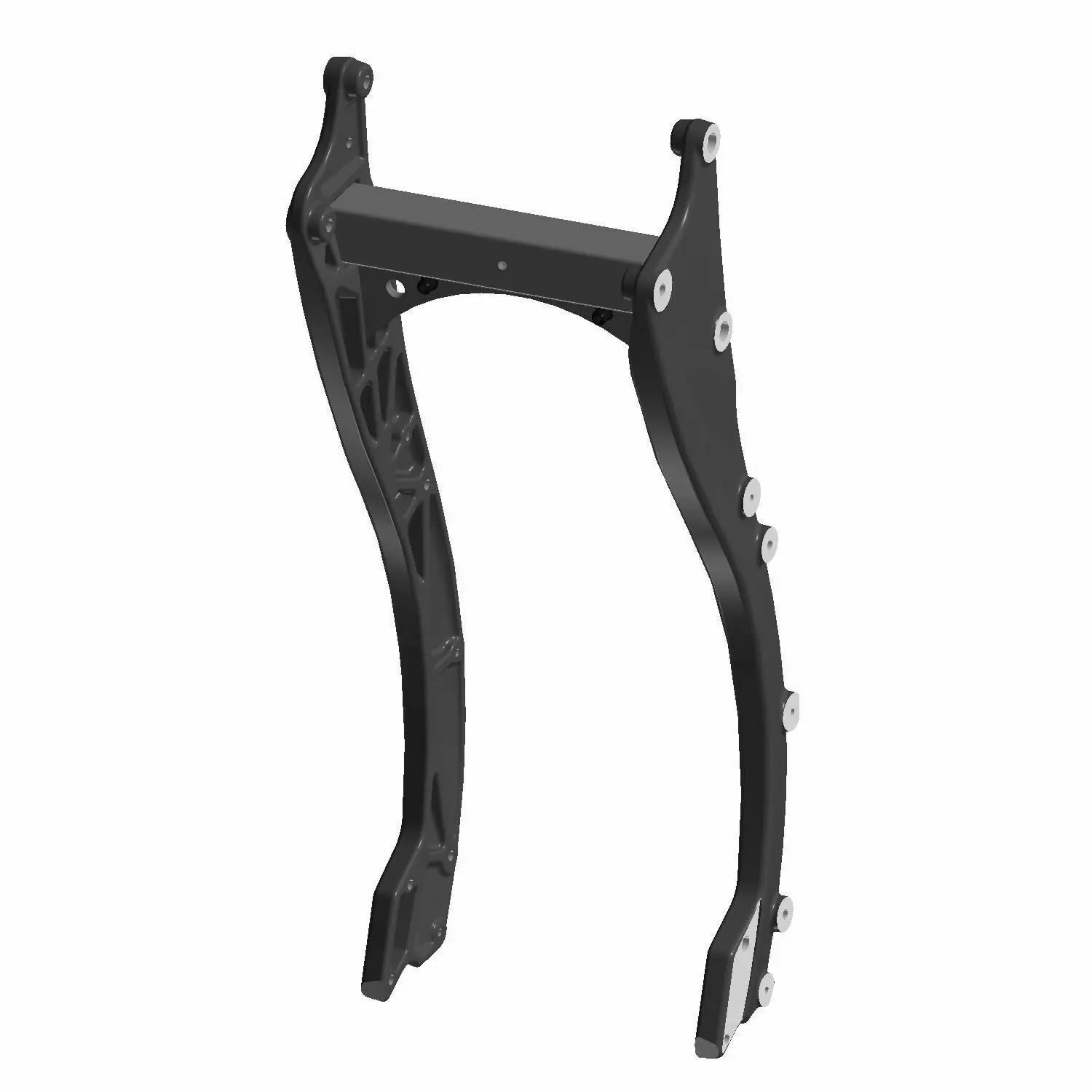 Black metal rear subframe with mounting holes and curved side arms for motorcycle chassis support.
