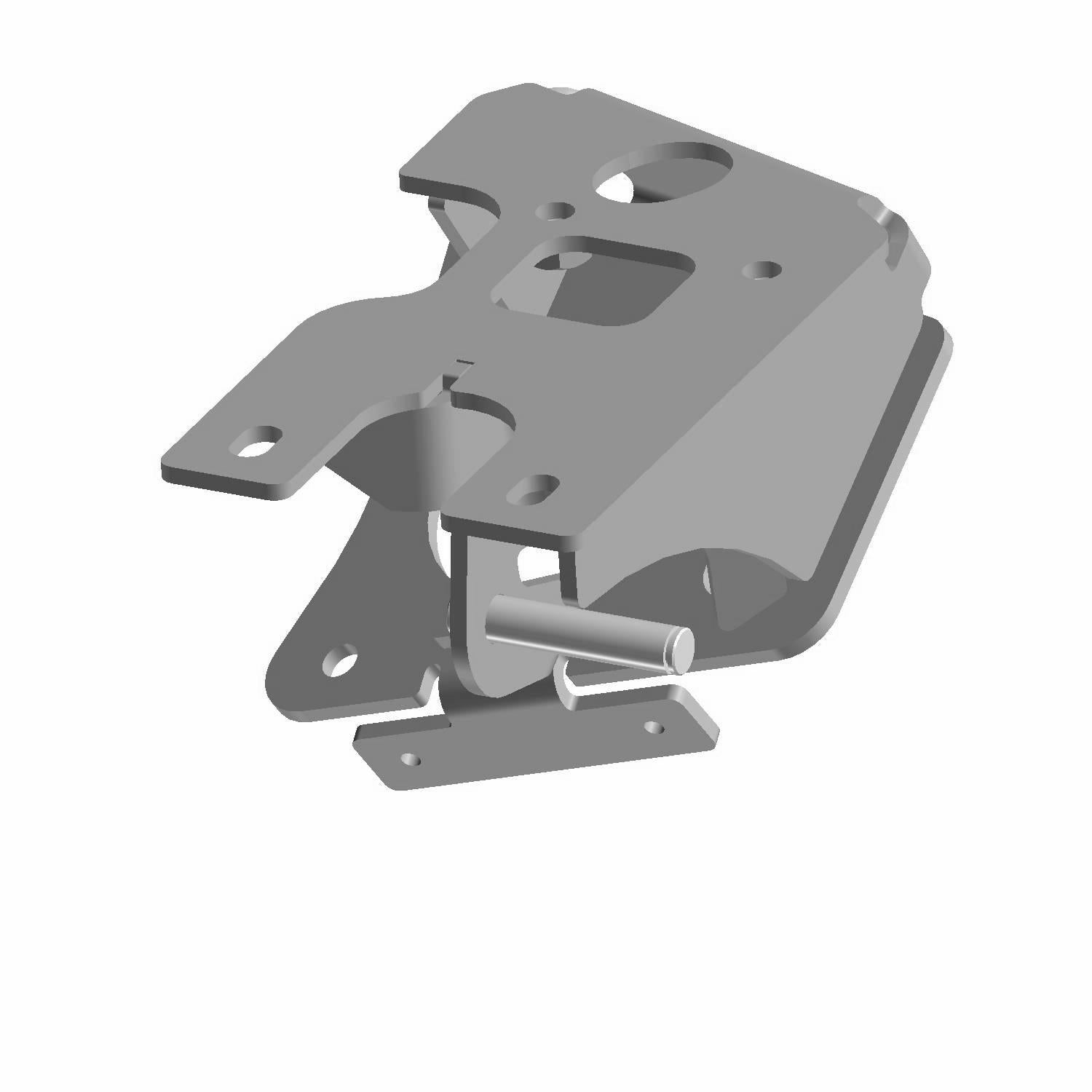 Gray metal brake mount bracket with multiple mounting points and holes for securing parts.