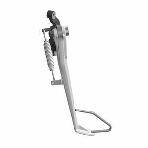 Matte black metal motorcycle kickstand assembly with tension spring and mounting bracket.