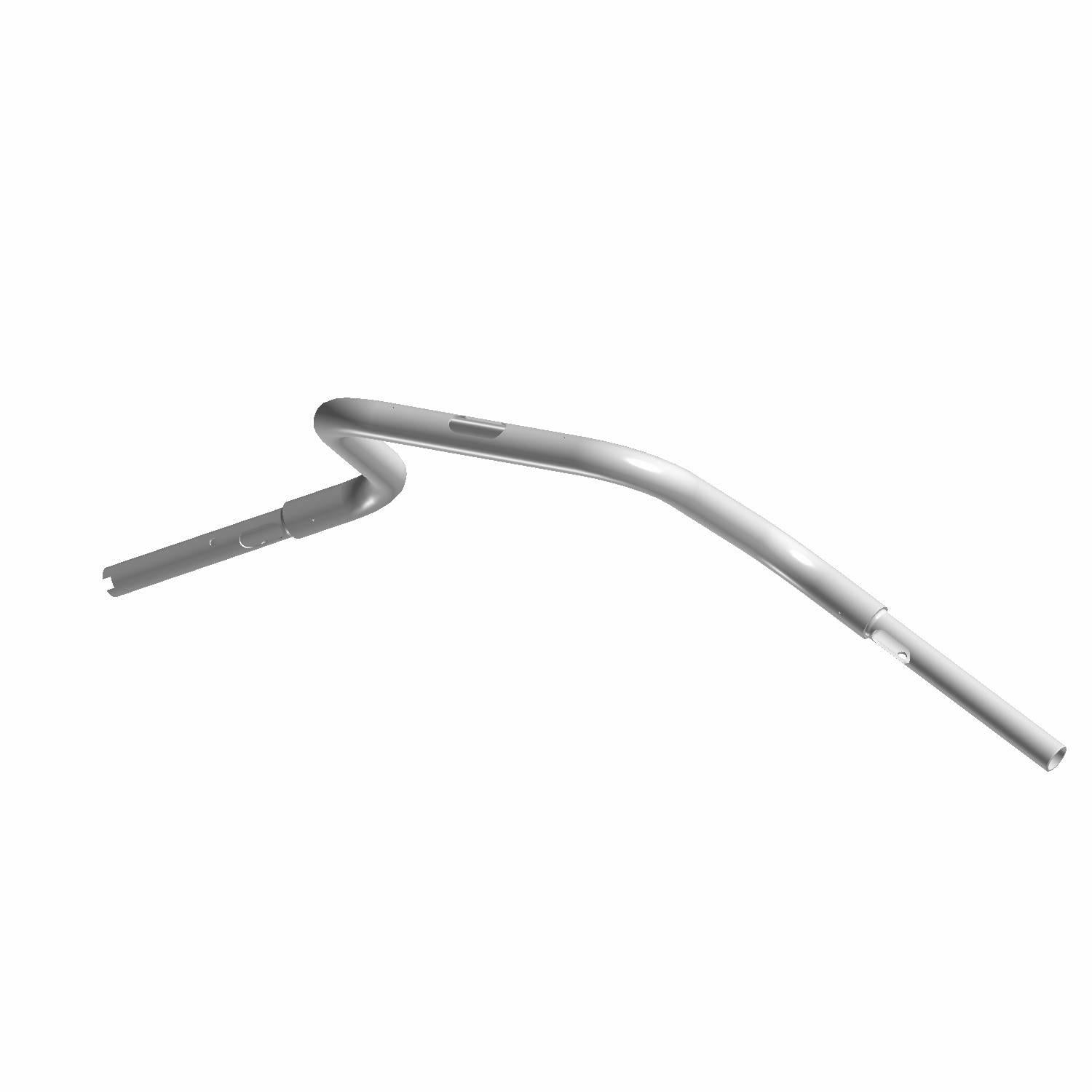 A metallic, curved tube with multiple bends and a smooth finish is shown against a white background. The Handlebar Low-Ape Black by Polaris, featuring end holes and notches, is an OEM part for Indian motorcycle models.