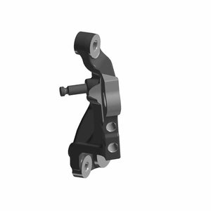 Black metal kickstand assembly mount with bolt holes and angular design for motorcycle attachment.