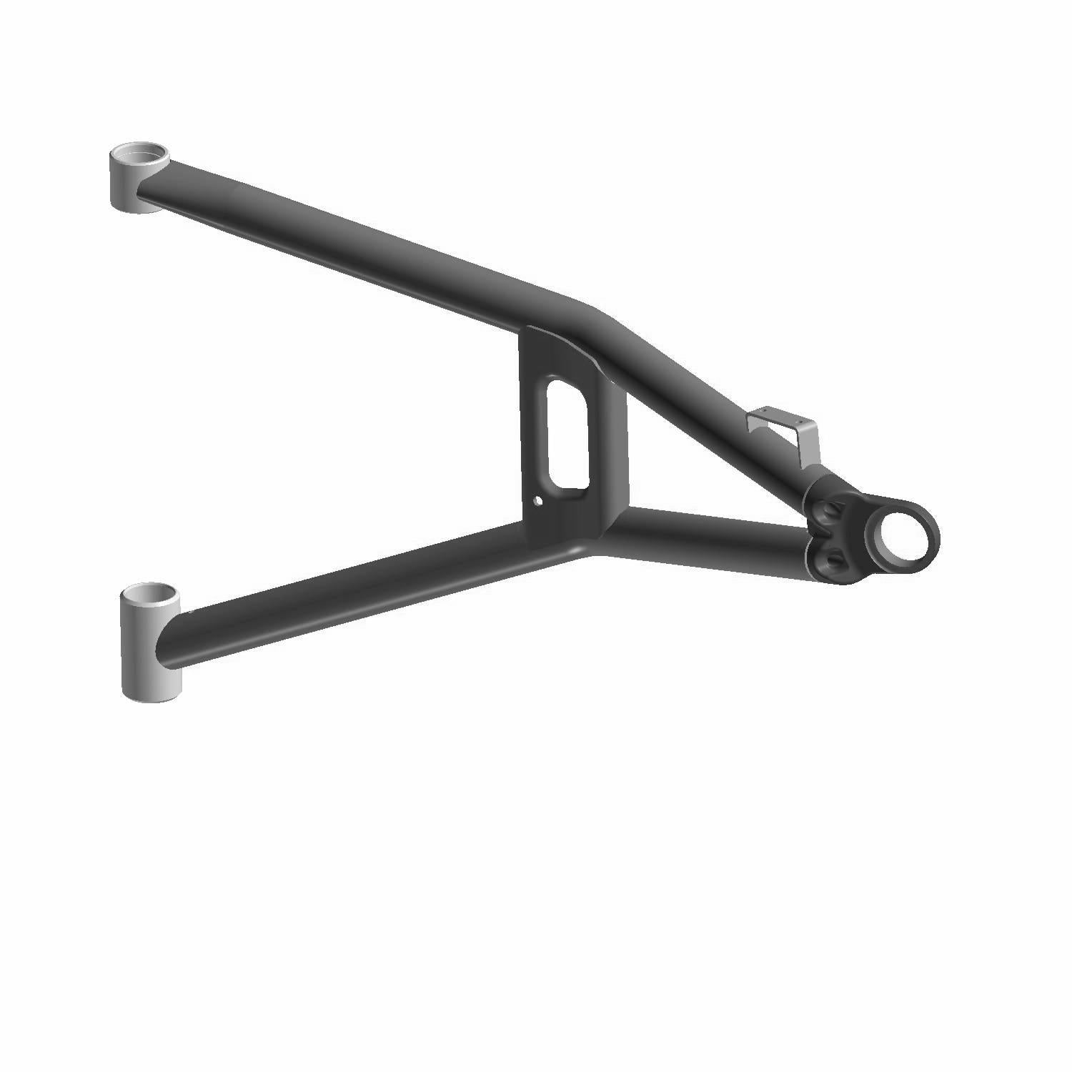 Matte black metal front left A-arm with triangular reinforced design for Polaris UTV suspension system.