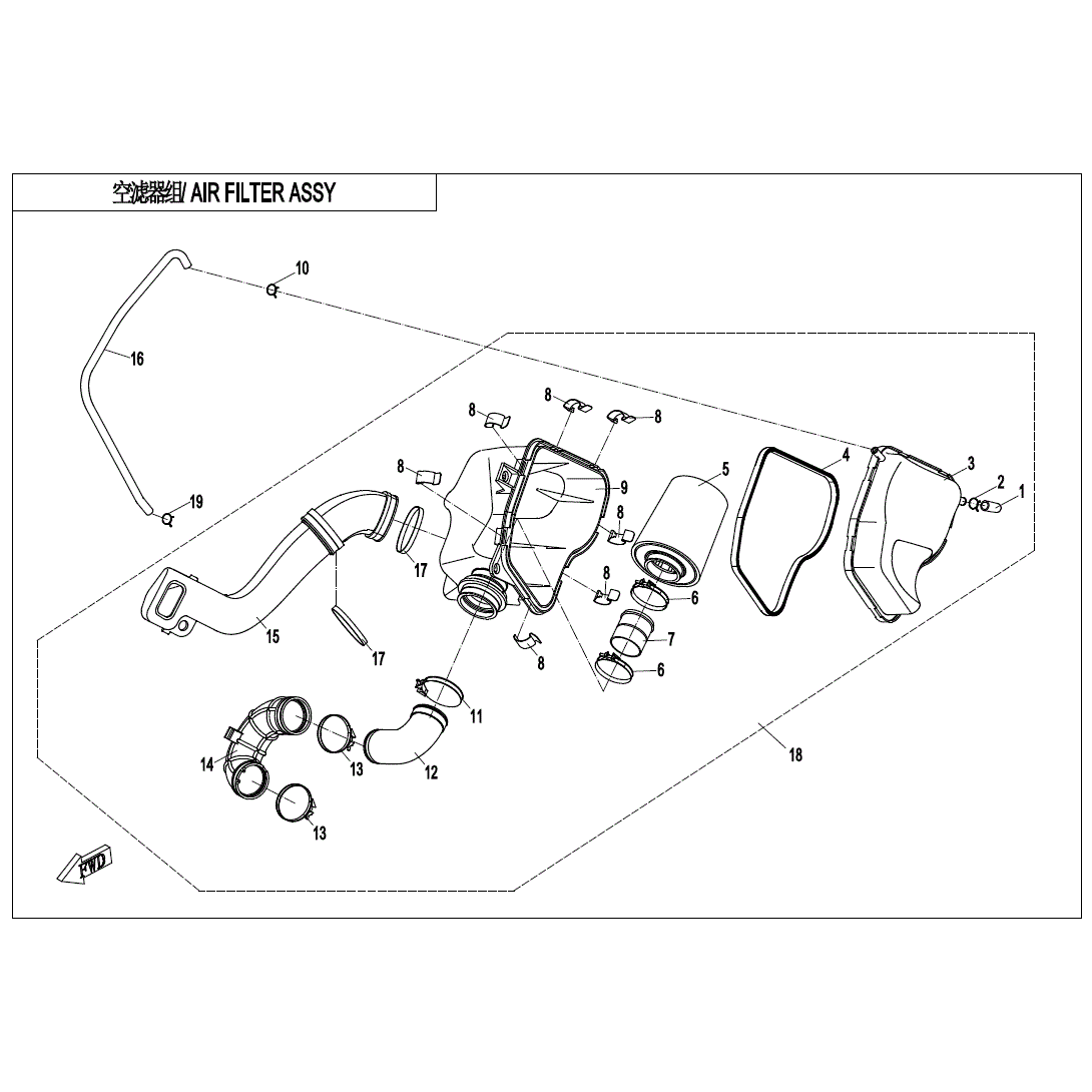 An Image of a Genuine CFMOTO Parts Schematic Diagram showing the schematic - AIR FILTER ASSY - 2020 CFMOTO ZFORCE 500