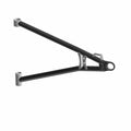 Black triangular metal front A-arm lower suspension component with mounting points on each end for offroad vehicle use.