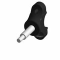 Black and silver metal handlebar riser with mounting holes and cylindrical pin.