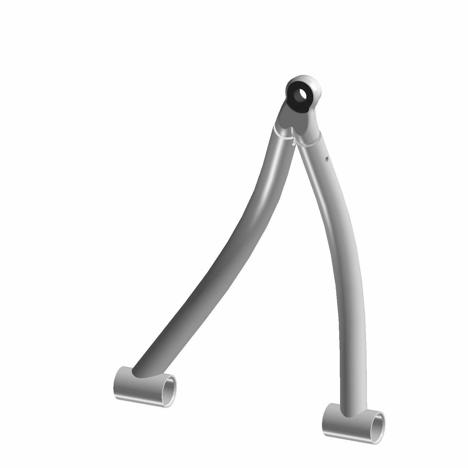 Black metal A-arm suspension component with curved twin arms and mounting holes at both ends.