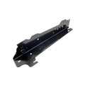 Black metal left tailgate support bracket with multiple mounting holes and angled edges.