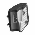 Black soft motorcycle saddlebag with reinforced corners and mounting hardware slots.
