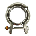 Silver metal V band clamp with 45mm diameter, featuring a threaded bolt and orange-accent nut for securing connections.