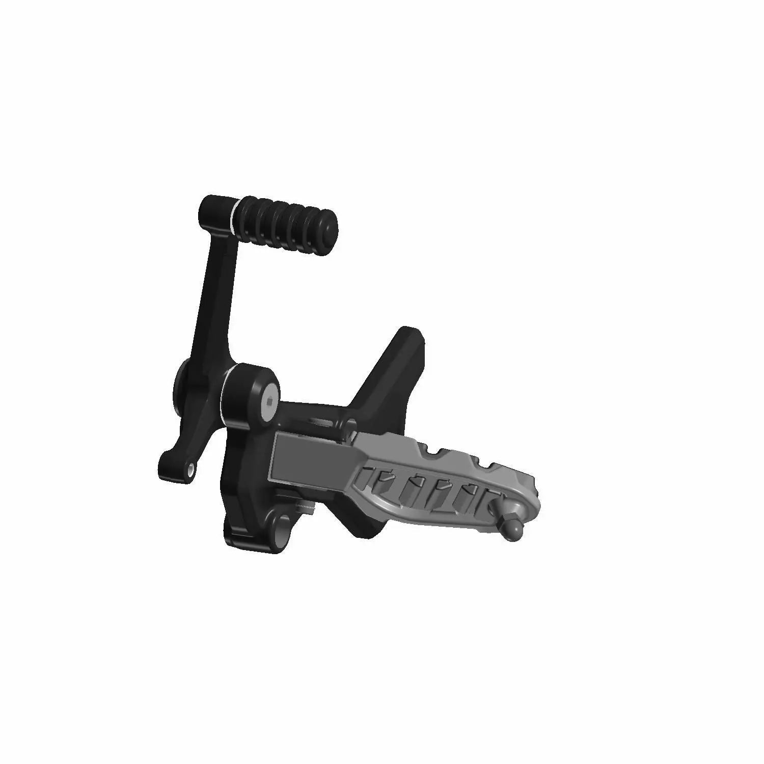 Black metal driver foot control mount with textured footpeg and lever arm for motorcycle left side.