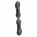 Black metal motorcycle shift linkage rod with two circular mounting ends and adjustable middle section.