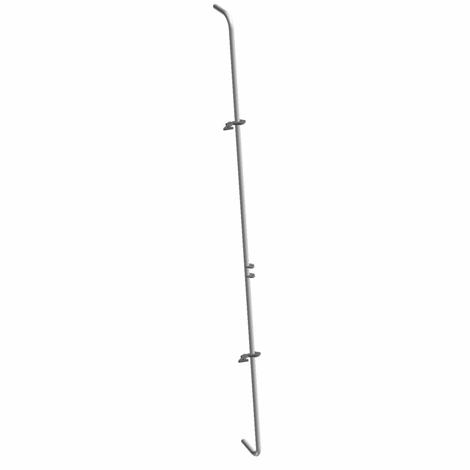 Long thin black metal latch bar with multiple hooks and adjustable clamps.