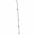Long thin black metal latch bar with multiple hooks and adjustable clamps.