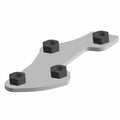 Gray metal bracket with four black hexagonal nuts attached, irregular shape with curved edge.