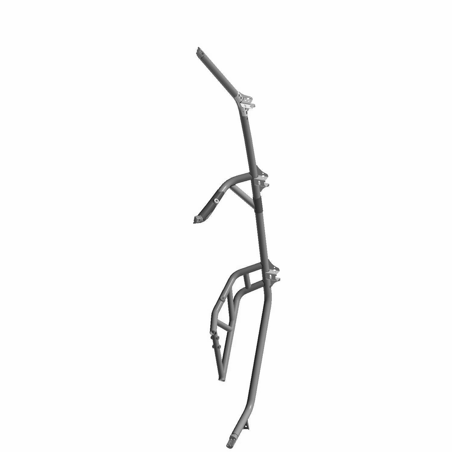 Black metal roll cage A-pillar frame with welded braces and mounting points for off-road vehicle protection.