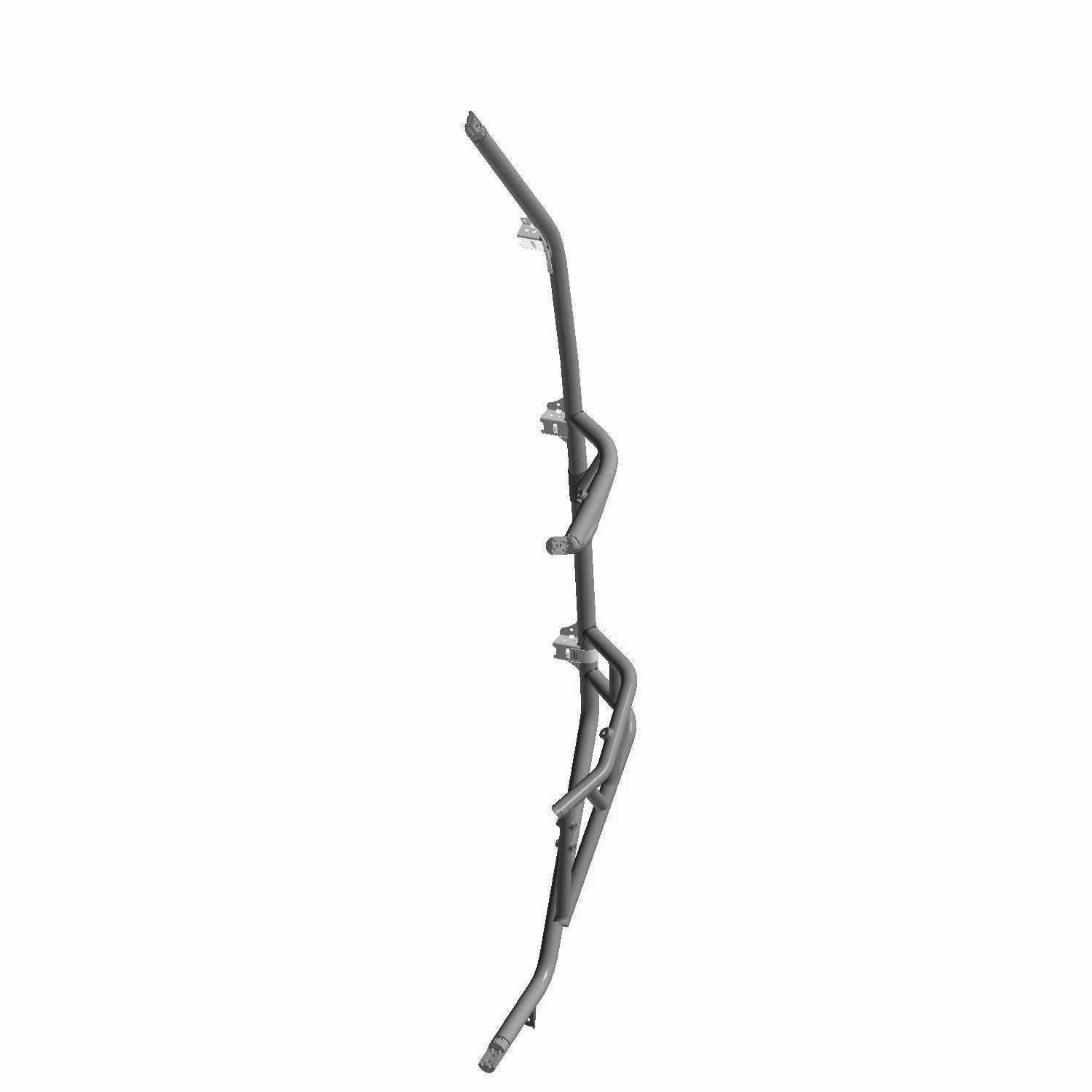 Black metal A-pillar roll cage component with angled tubing and mounting brackets for off-road vehicle.