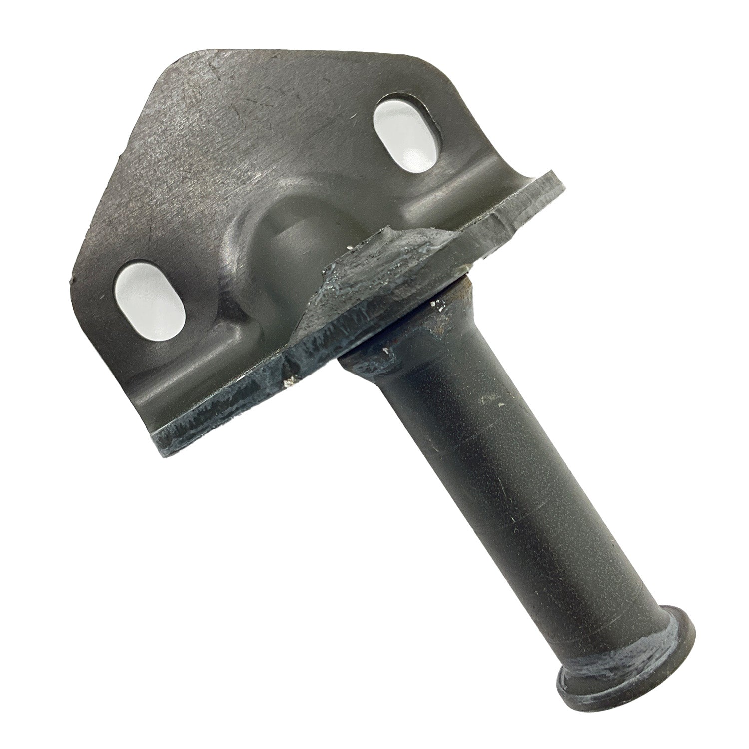Black metal mounting bracket with cylindrical pin and two oval bolt holes.