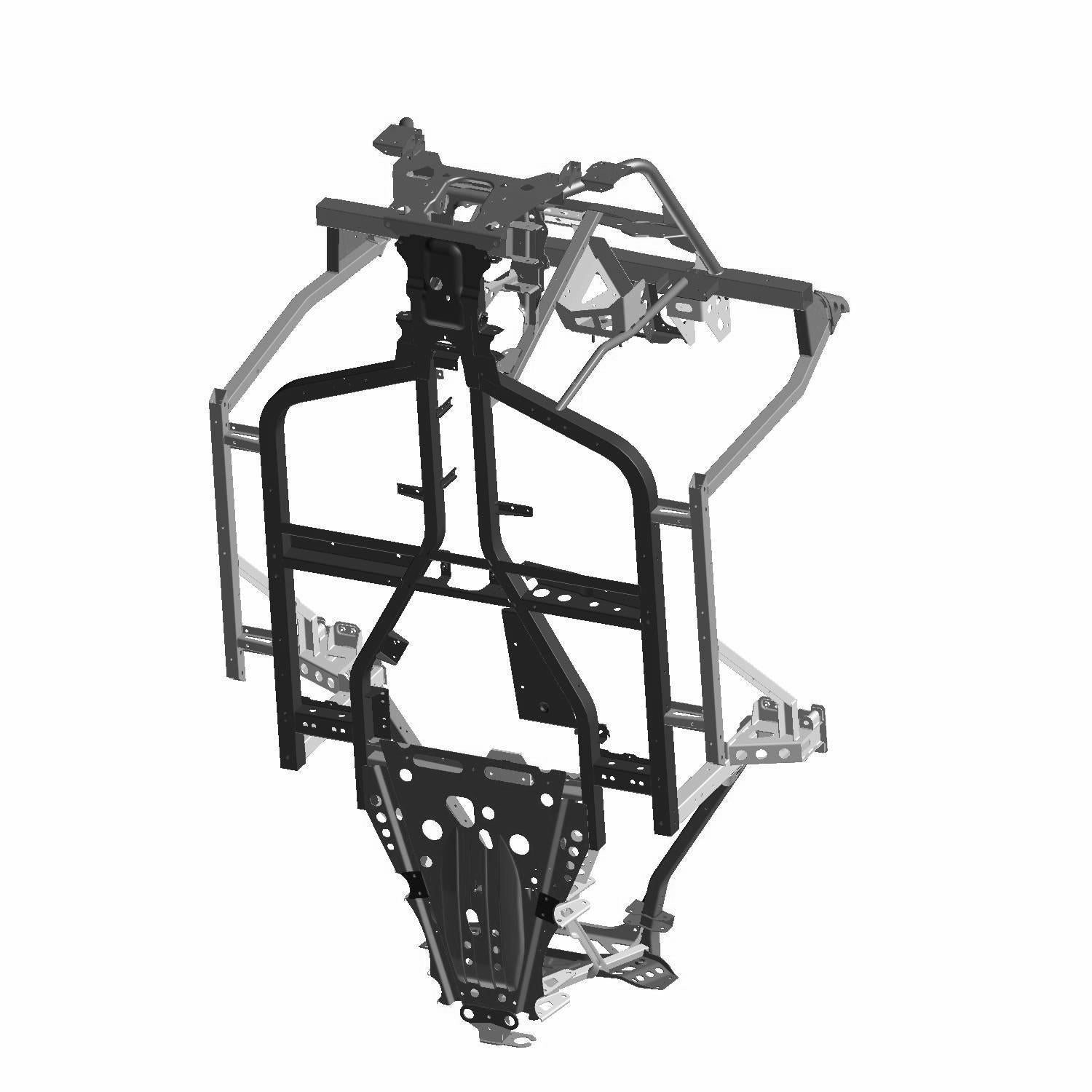 Black and silver metal main frame with multiple mounting points for Polaris Ranger XP 1000 UTV.