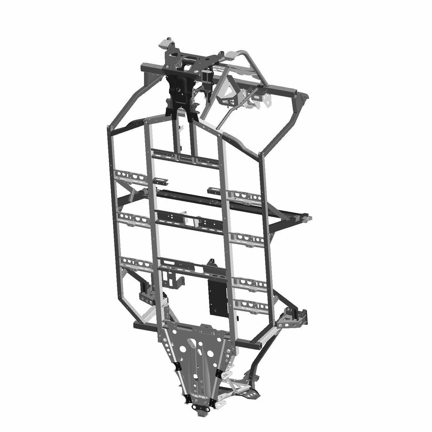 Black metal main frame structure with multiple horizontal and vertical support bars designed for offroad UTV mounting.