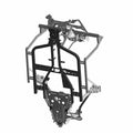 Black metal cab frame with angular bars and mounting brackets, designed for UTV enclosure with included decal.