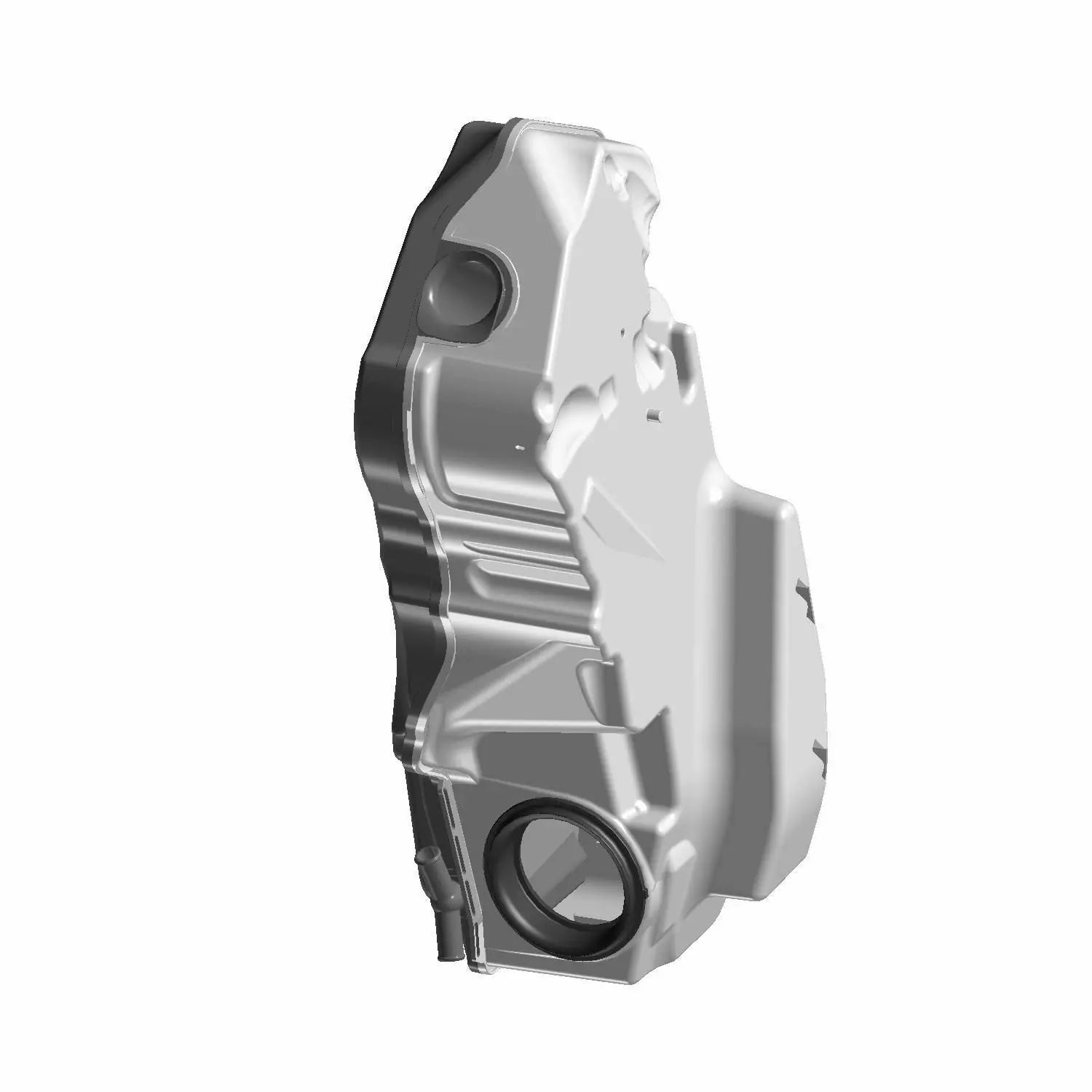 A silver, angular metal component with two large circular openings—likely the Airbox | Incl. 2 4 by Polaris—seen from an angle against a white background. Available at Witchdoctors.com.