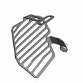 Black metal belt screen bracket with angled slotted design and mounting clamp attachment.