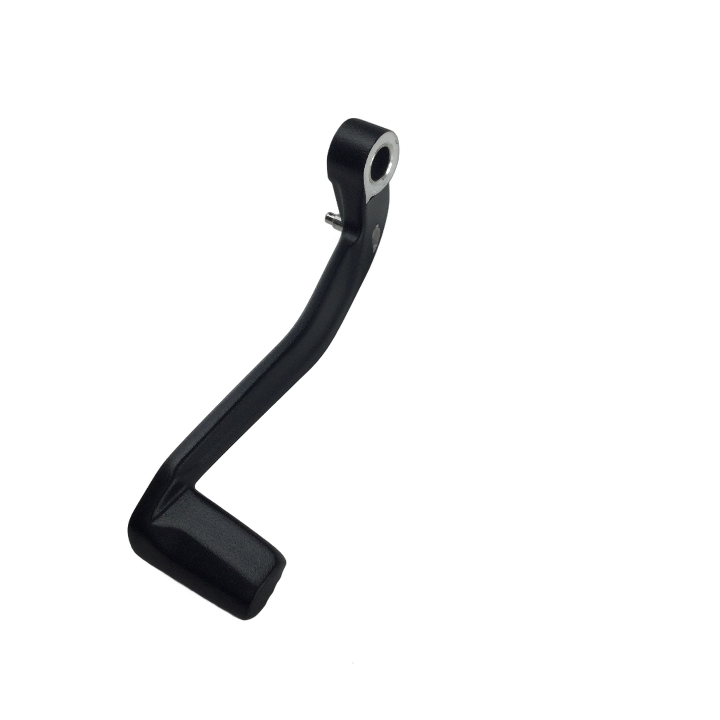 A black metal lever with a curved shape and a hole at one end, isolated on white—a Polaris Pedal Brake Forward Black | [Includes 7] OEM part.