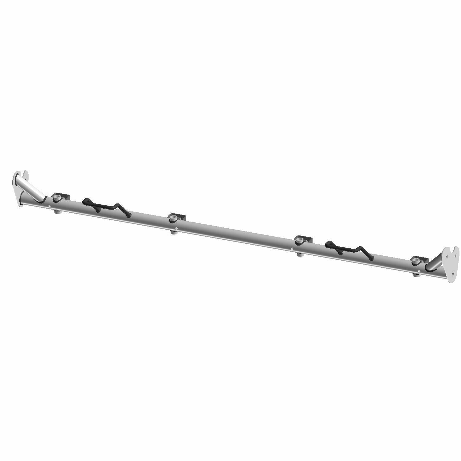 Black metal crossbar with angled mounting brackets and bolts, designed for sturdy frame reinforcement.