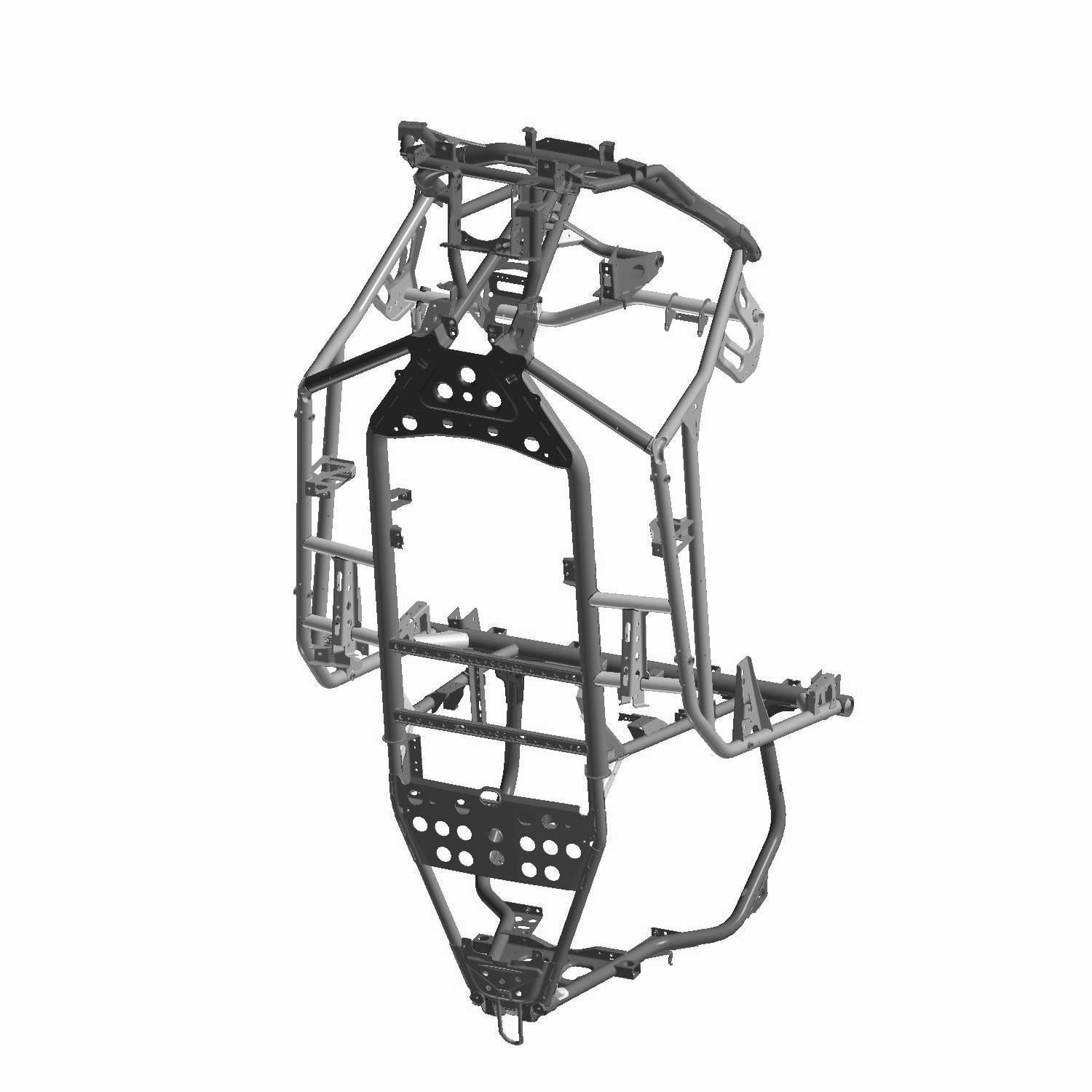 Black metal tubular frame structure with multiple mounting points and reinforcements for offroad vehicle chassis.