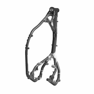 Black metal motorcycle main frame with tubular construction and mounting points.