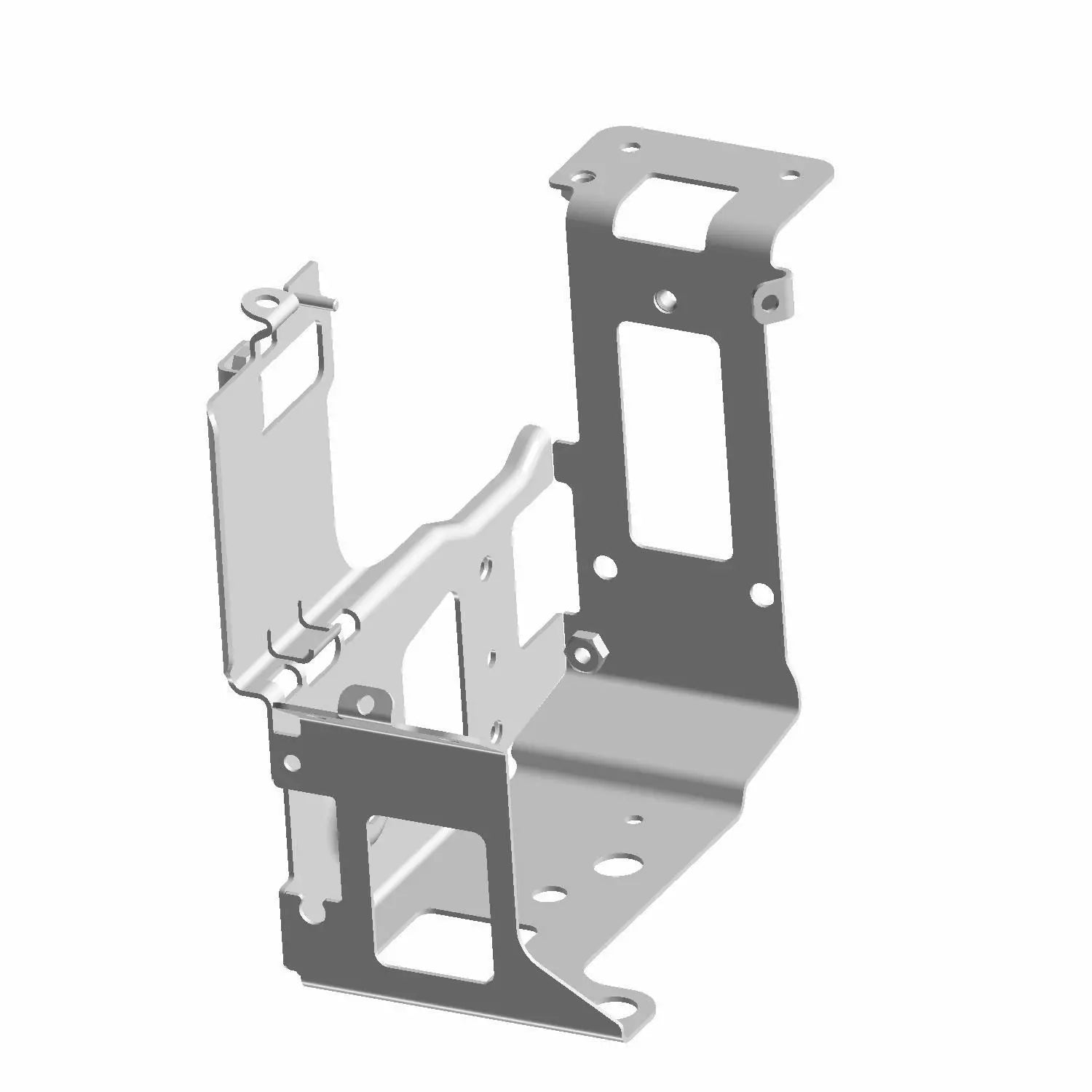 Gray metal ABS mount bracket with multiple cutouts and mounting holes, angular design.