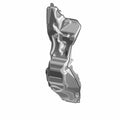 Silver metal motorcycle fuel tank with contoured shape and mounting points.