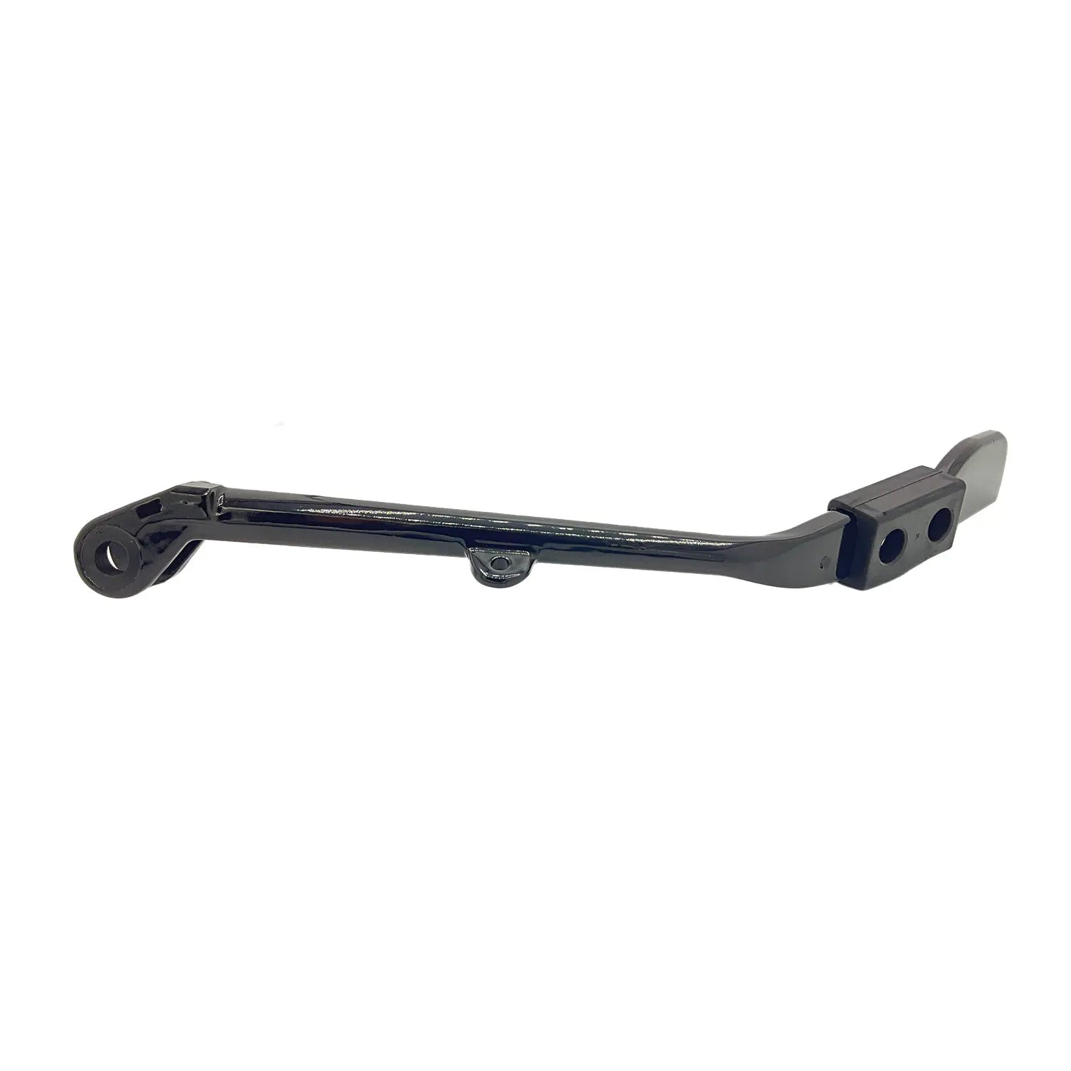 Black metal motorcycle kickstand assembly with mounting holes and angled support arm.