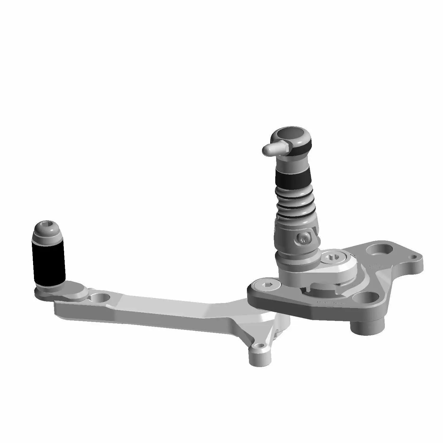 3D-rendered Shift Pedal Gilles Le by Polaris, featuring a lever arm connected to a base with a cylindrical pivot and spring assembly, detailed metallic surfaces, and mounting points reminiscent of Indian motorcycle OEM parts.