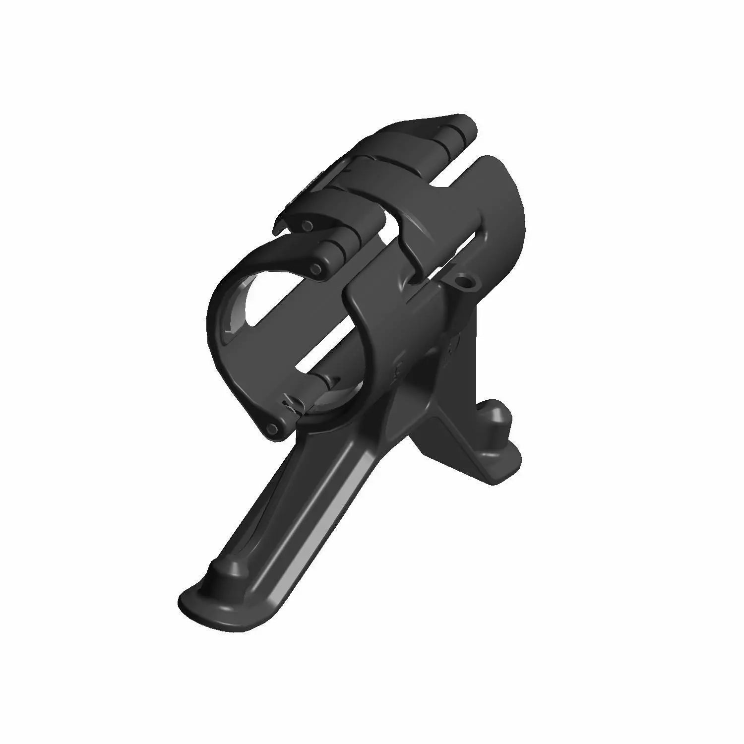 Matte black metal windshield mount with curved clamp and extended base arm for left side installation.