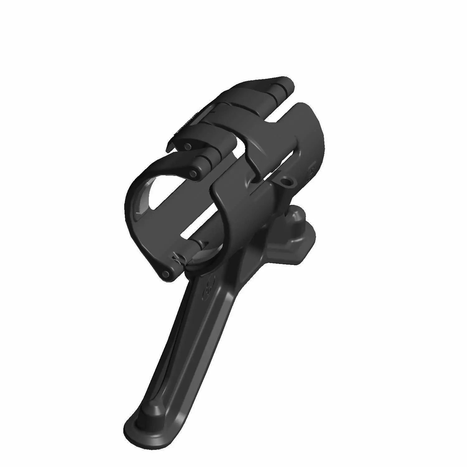 Black plastic and metal windshield mount clamp with a curved arm and adjustable locking mechanism.
