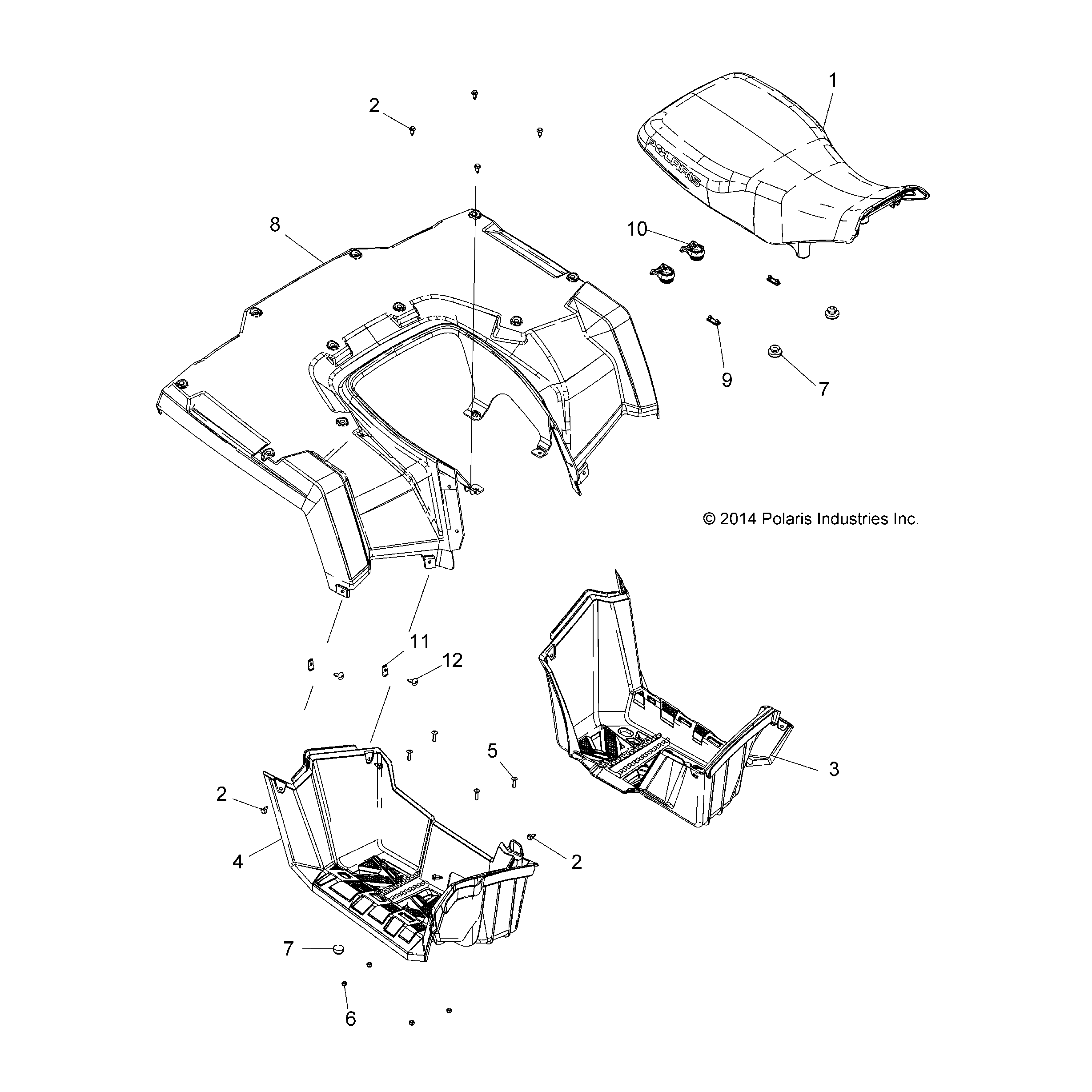 An Image of a Genuine Polaris Parts Schematic Diagram showing the schematic - BODY: REAR CAB SEAT and FOOTWELLS - 2015 POLARIS SPORTSMAN 570 EFI EPS