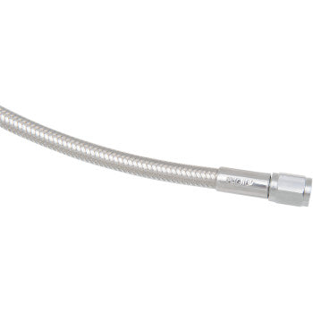 The Brake Line 23" Polished Stainless by Magnum Shielding features flexible braided stainless steel, a metal connector fitting, and durable PTFE tubing, shown against a white background.
