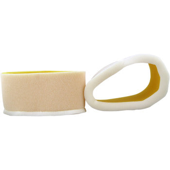 Two soft, beige and white Kawasaki - Suzuki Foam Air Filters by No Toil are shown: one upright and one on its side to reveal the hollow center, resembling miniature foam air filters for air filtration systems.