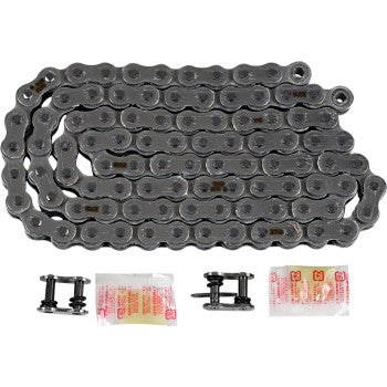 The 520 Max O Drive Chain 96 Links by Rk, made in Japan, features high tensile strength and includes two connector links and two chain lubricant packets, all arranged on a white background for display.