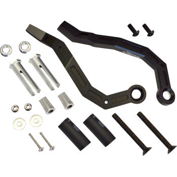 The Handwrap Attachment by Powermadd includes black metal handguard brackets, bolts, nuts, washers, spacers, and two cylindrical rubber pads, all neatly arranged on a white background.