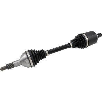 The Axle Kit Complete Super Duty Rear Left by Epi is a black and silver CV axle shaft with rubber boots at both ends, featuring super-duty shafts for reliable power transfer from the transmission to the wheels with added flexibility.