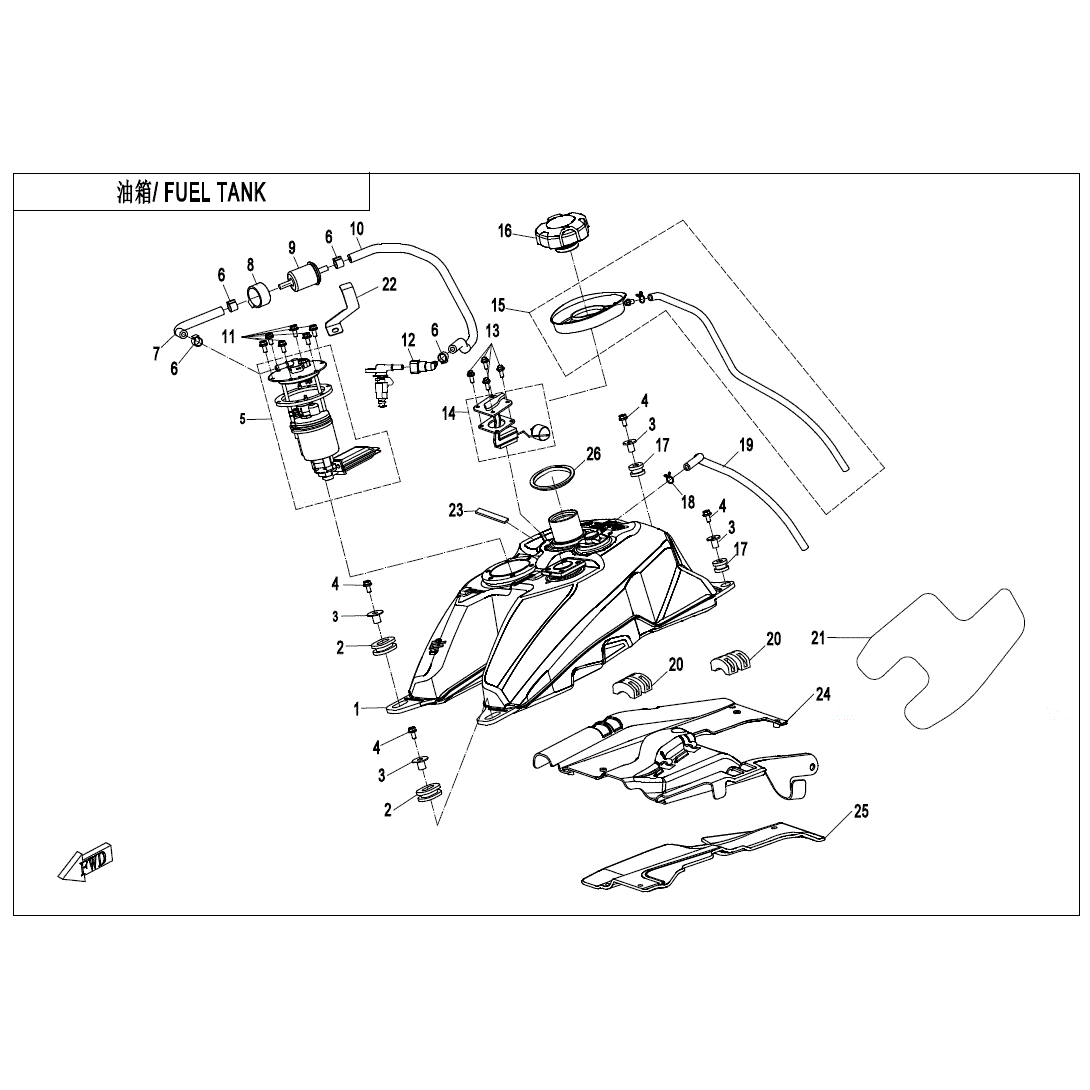 An Image of a genuine CFMOTO Parts Schematic Diagram showing the group - FUEL TANK - 2020 CFMOTO CFORCE 600