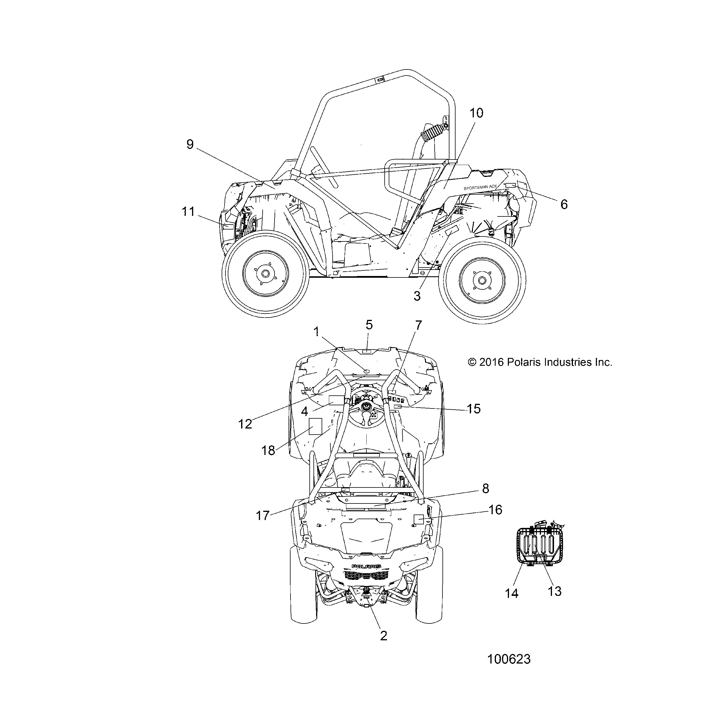 An Image of a Genuine Polaris Parts Schematic Diagram showing the schematic - BODY: DECALS - 2018 POLARIS ACE 500 SOHC