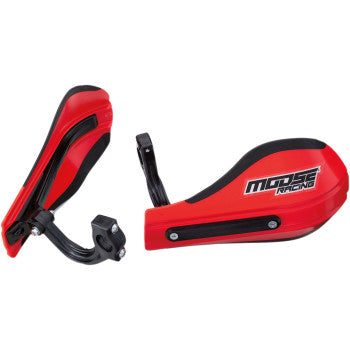 A pair of Roost 2 Hand Guards Red by Moose Offroad, featuring black accents, front support bar, durable composite construction, metal brackets, and Moose Racing logo—displayed on a white background.