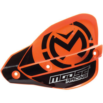 Probend Hand Guards Orange by Moose Offroad feature a bold Moose Racing logo, stylized M emblem, and robust CNC-machined 6061 billet aluminum mount for motorcycle or dirt bike handlebars.